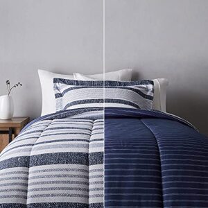 amazon basics ultra-soft lightweight microfiber reversible comforter 2-piece bedding set, twin/twin xl, blue denim/beige stripes, striped