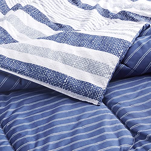 Amazon Basics Ultra-Soft Lightweight Microfiber Reversible Comforter 2-Piece Bedding Set, Twin/Twin XL, Blue Denim/Beige Stripes, Striped