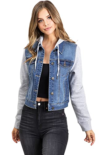 Wax Jeans Women's Juniors Hoodie Denim Jacket, Medium, Light Denim