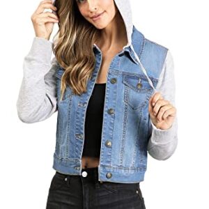 Wax Jeans Women's Juniors Hoodie Denim Jacket, Medium, Light Denim