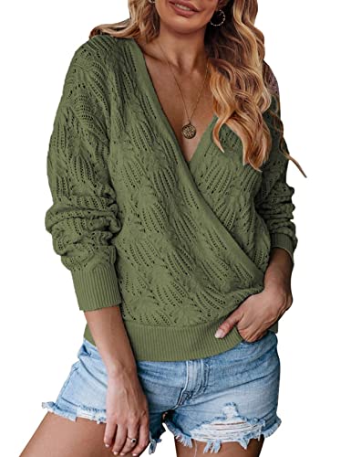 MEROKEETY Womens Deep V Neck Wrap Sweaters Long Sleeve Crochet Knit Pullover Tops, Army Green, Large