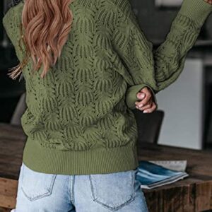 MEROKEETY Womens Deep V Neck Wrap Sweaters Long Sleeve Crochet Knit Pullover Tops, Army Green, Large