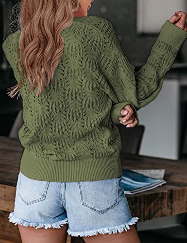 MEROKEETY Womens Deep V Neck Wrap Sweaters Long Sleeve Crochet Knit Pullover Tops, Army Green, Large