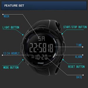 Men's Digital Sports Watch Waterproof Military Electronic Stopwatch for Men with Auto Date Alarm LED Backlight Chronograph Black