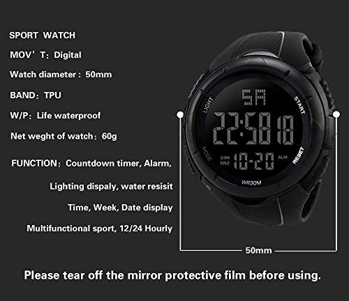 Men's Digital Sports Watch Waterproof Military Electronic Stopwatch for Men with Auto Date Alarm LED Backlight Chronograph Black