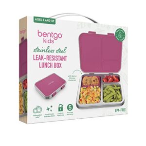 Bentgo® Kids Stainless Steel Leak-Resistant Lunch Box - Bento-Style Redesigned in 2022 w/Upgraded Latches, 3 Compartments, & Extra Container - Eco-Friendly, Dishwasher Safe, Patented Design (Fuchsia)