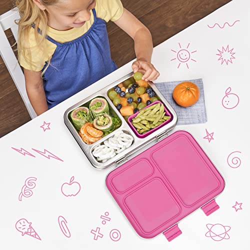 Bentgo® Kids Stainless Steel Leak-Resistant Lunch Box - Bento-Style Redesigned in 2022 w/Upgraded Latches, 3 Compartments, & Extra Container - Eco-Friendly, Dishwasher Safe, Patented Design (Fuchsia)