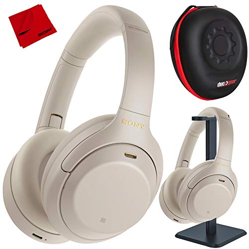 Sony WH1000XM4/S Premium Noise Cancelling Wireless Over-The-Ear Headphones with Built in Microphone Silver Bundle with Deco Gear Premium Hard Case + Pro Audio Headphone Stand + Microfiber Cloth