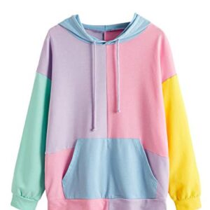 SweatyRocks Women's Cute Color Block Long Sleeve Pullover Hooded Sweatshirts Top Purple Pink S