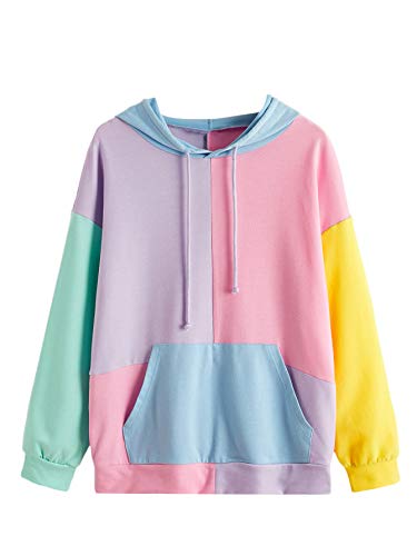 SweatyRocks Women's Cute Color Block Long Sleeve Pullover Hooded Sweatshirts Top Purple Pink S