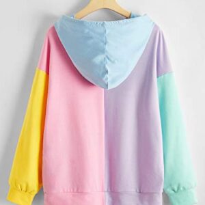 SweatyRocks Women's Cute Color Block Long Sleeve Pullover Hooded Sweatshirts Top Purple Pink S