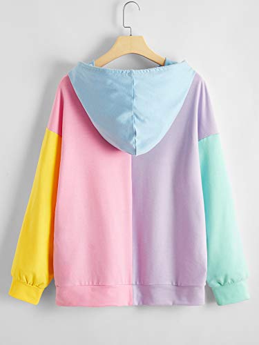 SweatyRocks Women's Cute Color Block Long Sleeve Pullover Hooded Sweatshirts Top Purple Pink S