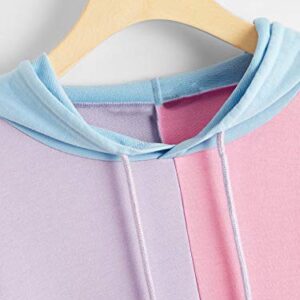 SweatyRocks Women's Cute Color Block Long Sleeve Pullover Hooded Sweatshirts Top Purple Pink S