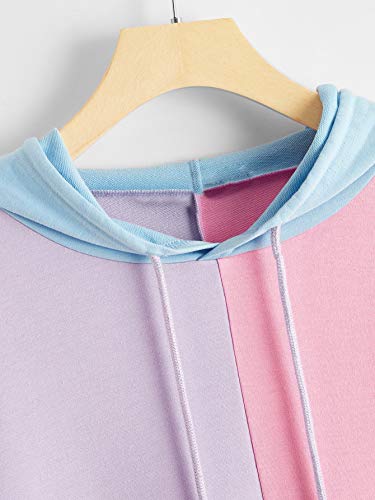 SweatyRocks Women's Cute Color Block Long Sleeve Pullover Hooded Sweatshirts Top Purple Pink S