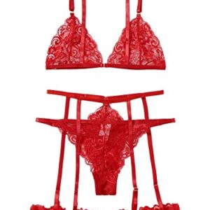 WDIRARA Women's 3 Pieces Mesh Floral Lace Scalloped Trim Garter Lingerie Set Red S