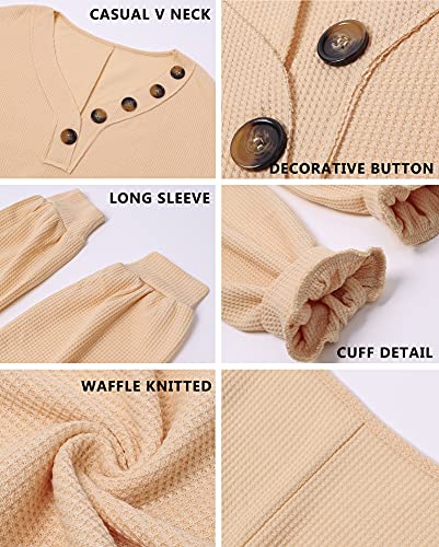 BTFBM Women Waffle Knit Shirts V-Neck Long Sleeve Casual Slouchy Loose Blouses Plain Faux Button Lightweight Pullover (Blue, X-Large)