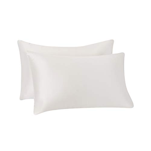 Amazon Basics 100% Polyester Satin Pillowcases for Hair and Skin, Envelope Closure - Ivory, Standard, Pack of 2