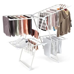 tangkula foldable clothes drying rack, 2-level laundry drying rack w/ 28 hanging rails & height adjustable wings, freestanding large drying rack for clothes, sheets, shoes, socks, no assembly