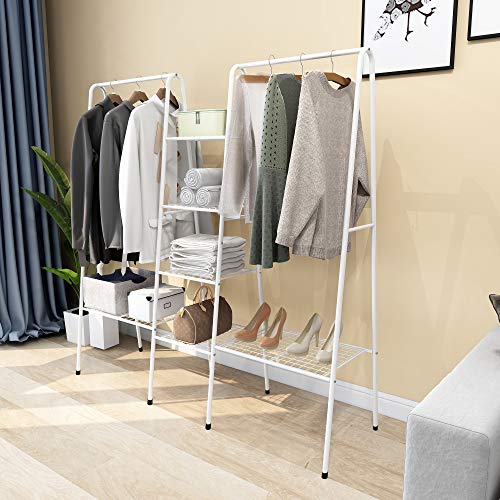 Albearing Metal Garment Rack Clothes Rack with Top Rod and Lower Storage Shelf Clothes Rack (White)