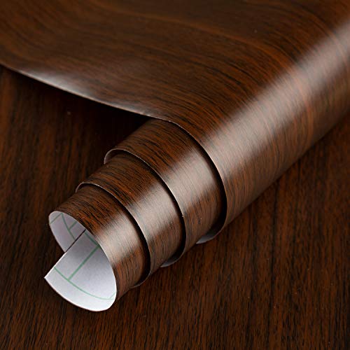 BAYYA Dark Brown Walnut Wood Grain Paper Waterproof Peel and Stick Wallpaper Black Walnut Decorative Furniture Sticker for Kitchen Cabinet Door Table Floor Shelf Drawer Liner Self-Adhesive Film