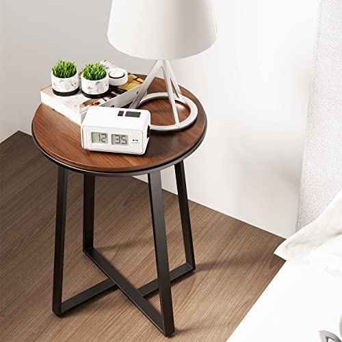 Dorriss Round Small End Table Walnut Color MDF Top,Metal Frame Black, Tall End Table for Bed Room,Coffee Tea End Table for Living Room(Walnut+Black)