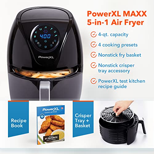 PowerXL Air Fryer 4 QT Maxx, Special Edition 2022, Extra Hot Air Fry, Cook, Crisp, Broil, Roast, Bake, High Gloss Finish, Black (4 Quart)