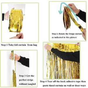 Muhome Gold Foil Fringe Curtain, 4PCS 3.28FT x 8.2FT Tinsel Door Curtains Gold Fringe Backdrop for Wedding Birthday Prom Mardi Gras Graduation Party Decorations