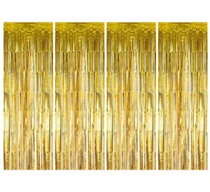 muhome gold foil fringe curtain, 4pcs 3.28ft x 8.2ft tinsel door curtains gold fringe backdrop for wedding birthday prom mardi gras graduation party decorations