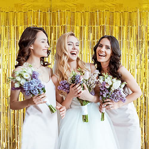 Muhome Gold Foil Fringe Curtain, 4PCS 3.28FT x 8.2FT Tinsel Door Curtains Gold Fringe Backdrop for Wedding Birthday Prom Mardi Gras Graduation Party Decorations