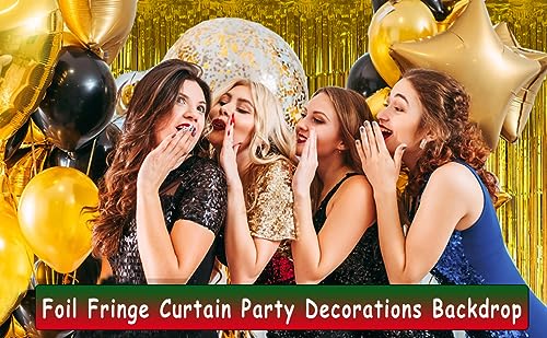 Muhome Gold Foil Fringe Curtain, 4PCS 3.28FT x 8.2FT Tinsel Door Curtains Gold Fringe Backdrop for Wedding Birthday Prom Mardi Gras Graduation Party Decorations