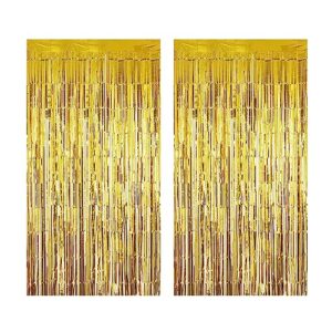 gold foil fringe curtain, 2pcs 3.28 x 8.2ft metallic photo booth backdrop tinsel door curtains for wedding birthday engagement disco bachelorette party decorations