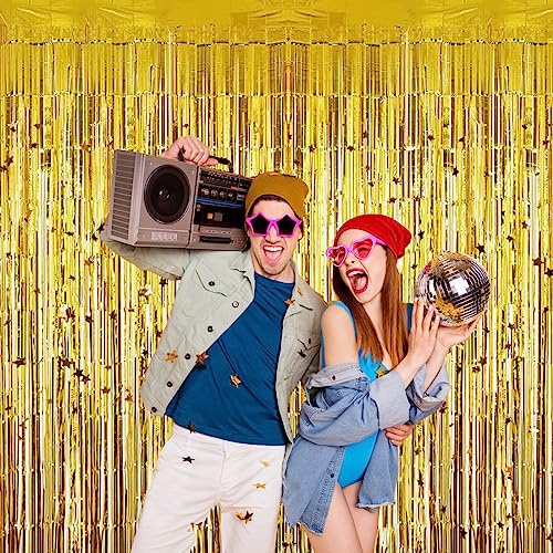 Gold Foil Fringe Curtain, 2PCS 3.28 x 8.2FT Metallic Photo Booth Backdrop Tinsel Door Curtains for Wedding Birthday Engagement Disco Bachelorette Party Decorations