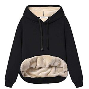 Haellun Womens Casual Winter Warm Fleece Sherpa Lined Pullover Hooded Sweatshirt (Black, Large)