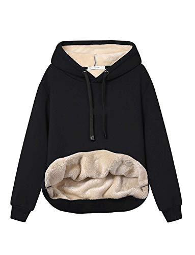 Haellun Womens Casual Winter Warm Fleece Sherpa Lined Pullover Hooded Sweatshirt (Black, Large)