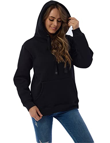 Haellun Womens Casual Winter Warm Fleece Sherpa Lined Pullover Hooded Sweatshirt (Black, Large)