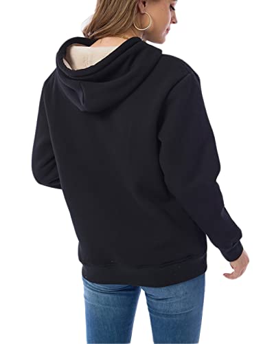 Haellun Womens Casual Winter Warm Fleece Sherpa Lined Pullover Hooded Sweatshirt (Black, Large)