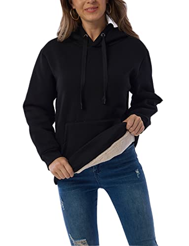 Haellun Womens Casual Winter Warm Fleece Sherpa Lined Pullover Hooded Sweatshirt (Black, Large)