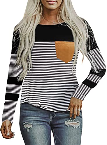 Diukia Women's Pinstripe Patch Pocket Long Sleeve Tops Stripe Color Block Lightweight Pullover Shirt for Girls Teens Junior Ladies Black L