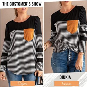 Diukia Women's Pinstripe Patch Pocket Long Sleeve Tops Stripe Color Block Lightweight Pullover Shirt for Girls Teens Junior Ladies Black L