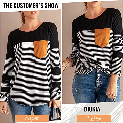 Diukia Women's Pinstripe Patch Pocket Long Sleeve Tops Stripe Color Block Lightweight Pullover Shirt for Girls Teens Junior Ladies Black L