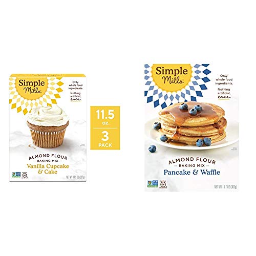 Simple Mills Almond Flour Baking Mix, Gluten Free Vanilla Cake Mix, Muffin pan ready, Made with whole foods 3 Count & Almond Flour Pancake Mix & Waffle Mix, Gluten Free