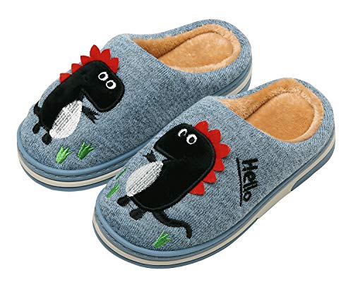 INMINPIN Boys Girls Cozy House Slippers Warm Plush Winter Cotton Slipper Kids Cute Dinosaur Indoor Shoes Non-Slip,Blue,1/2 Big Kid