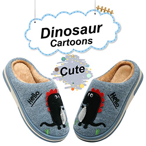 INMINPIN Boys Girls Cozy House Slippers Warm Plush Winter Cotton Slipper Kids Cute Dinosaur Indoor Shoes Non-Slip,Blue,1/2 Big Kid