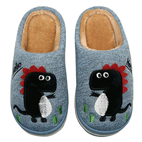 INMINPIN Boys Girls Cozy House Slippers Warm Plush Winter Cotton Slipper Kids Cute Dinosaur Indoor Shoes Non-Slip,Blue,1/2 Big Kid