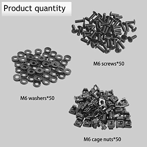 Leadrise 50-Pack M6 x 16mm Computer Rack Mount Cage Screws and Nuts & Washers for Rack Mount Server Cabinet, Rack Mount Screw Cage Nut - Black