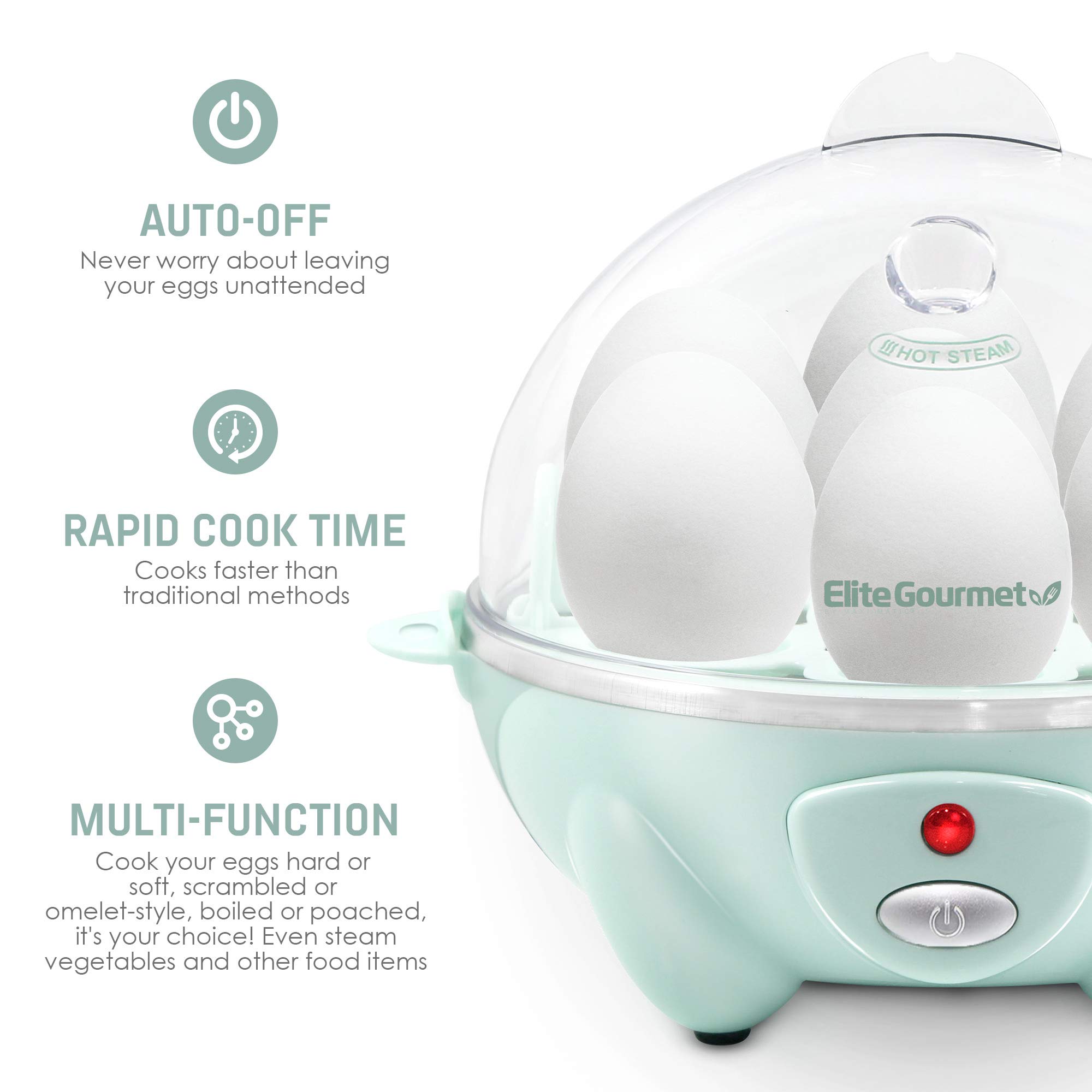 Elite Gourmet EGC007M Rapid Egg Cooker, 7 Easy-To-Peel, Hard, Medium, Soft Boiled Eggs, Poacher, Omelet Maker, Auto Shut-Off, Alarm, 16-Recipe Booklet, Mint