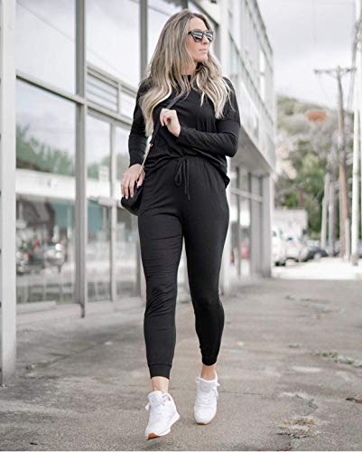 PRETTYGARDEN Women's 2023 Fall Two Piece Outfit Long Sleeve Crewneck Pullover Tops And Long Pants Tracksuit (Black,Medium)