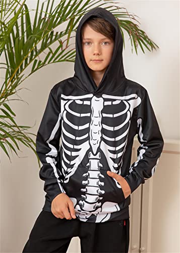 Enlifety Young Kids Scary Skeleton Sweatshirts Boys Girls Long Sleeve Skull Hoodies Halloween Costume Pullover Hoody with Pocket for Winter Fall Size 8 9 10 11