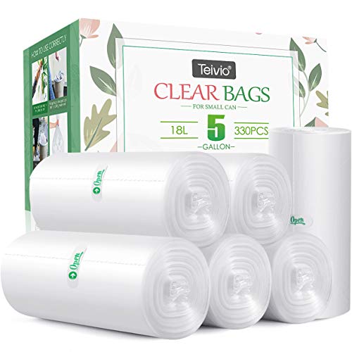 5 Gallon 330 Counts Strong Trash Bags Garbage Bags by Teivio, Bathroom Trash Can Bin Liners, Plastic Bags for home office kitchen, Clear