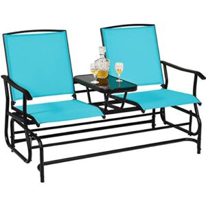 giantex patio bench glider chair with metal frame, center tempered glass table, outside double rocking swing loveseat for porch, garden, poolside, balcony, lawn rocker outdoor glider bench(turquoise)